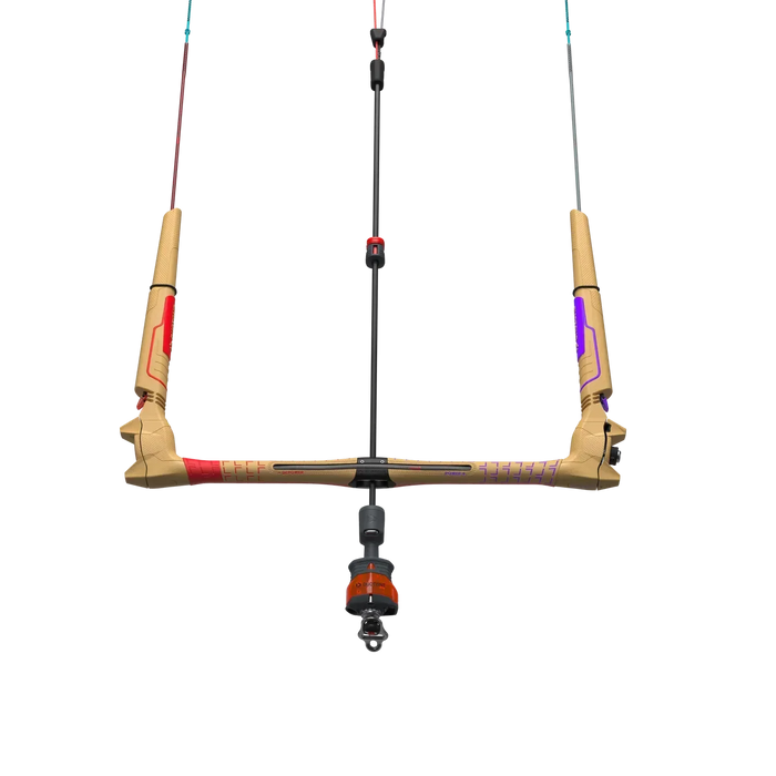 Duotone Click Bar quad control kitesurfing kite bar with beige, red and purple accents