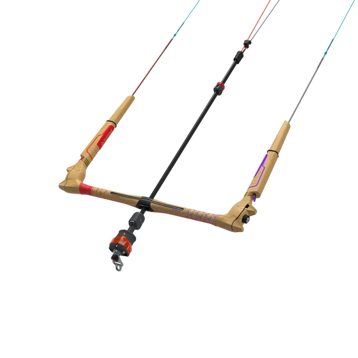 Duotone kitesurfing kite bar with beige grips, red accents, and quad control lines