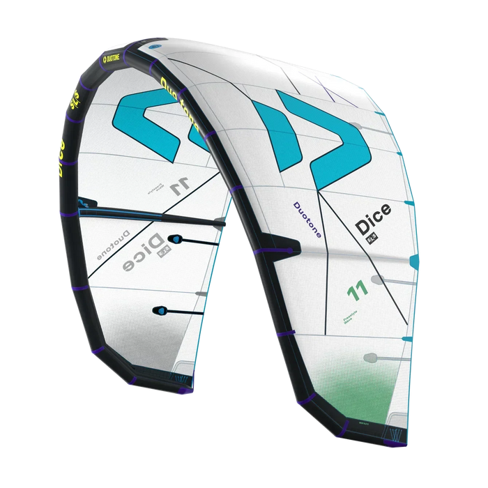 Duotone Dice SLS 2026 white and turquoise kite for freestyle and wave kitesurfing