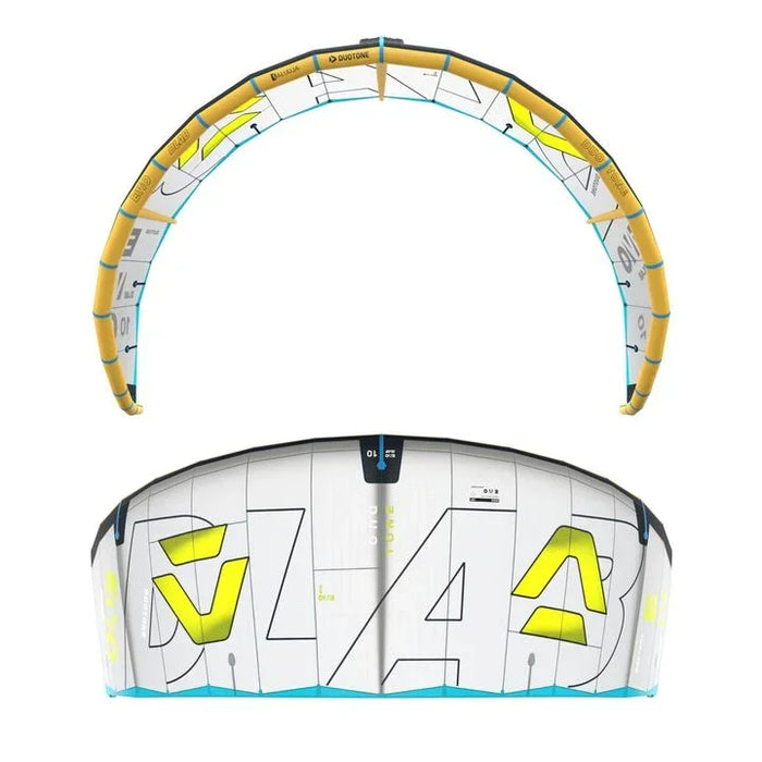 Duotone Evo yellow and white kitesurfing kite with bold graphic design