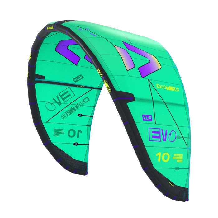 Duotone Evo SLS turquoise kitesurfing kite with purple and yellow accents, size 10
