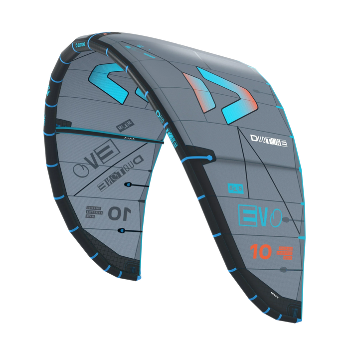 Duotone Evo SLS grey and blue kitesurfing kite with orange accents, size 10m