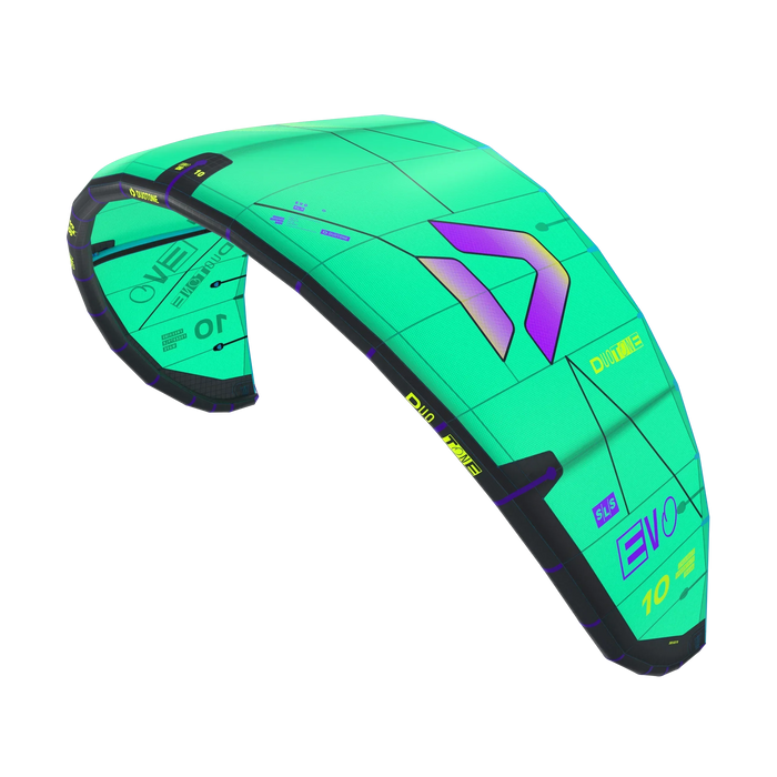 Duotone Evo SLS turquoise kitesurfing kite with purple accents, size 10m