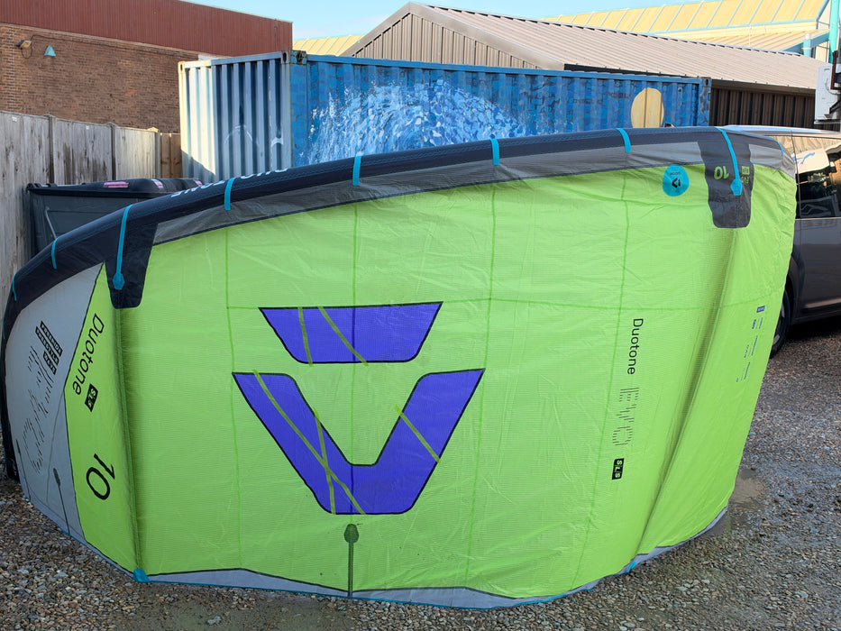 Duotone Evo SLS 10m kite laid out, showing size 10 and the freeride freestyle wave marking