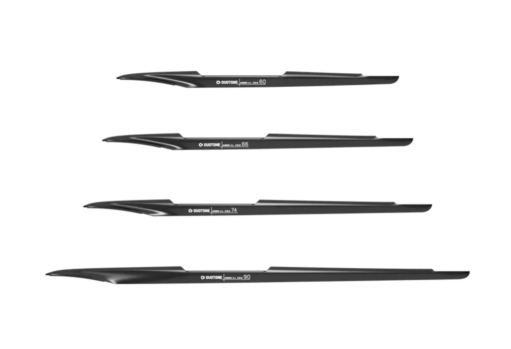 Duotone Aero AL black foil fuselages for wing foiling, sizes 60-90cm, on white background