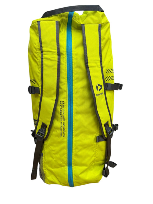 Duotone kitesurfing kite bag XL in bright yellow with blue zip, straps, and logo
