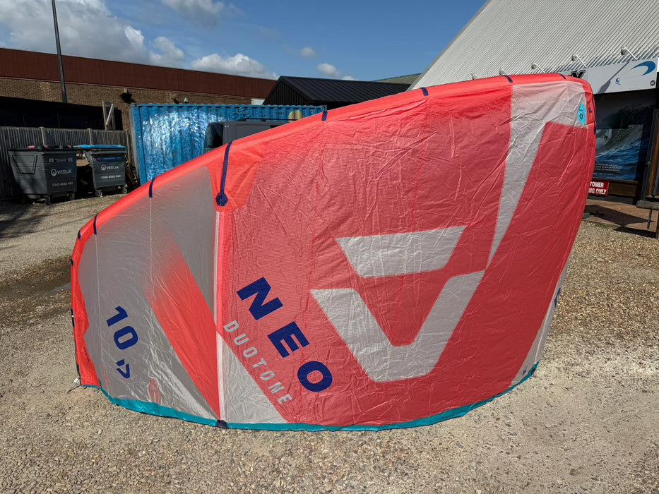 Duotone Neo 2024 10m red and white kitesurfing kite set up outdoors
