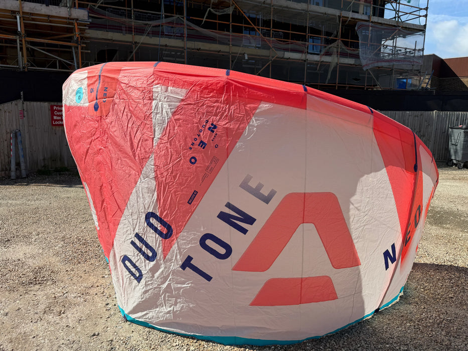 Duotone Neo 2024 10m red white kitesurfing kite set up outdoors