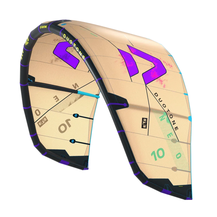 Duotone Neo SLS 2026 beige and purple kitesurfing kite with visible brand logo and size 10