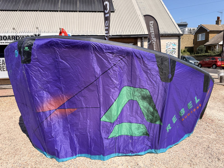 Used 2026 Duotone Rebel SLS 12m kite inflated, purple canopy with green Duotone logo