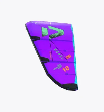 Duotone Rebel SLS purple kitesurfing kite with green accents and visible size marking