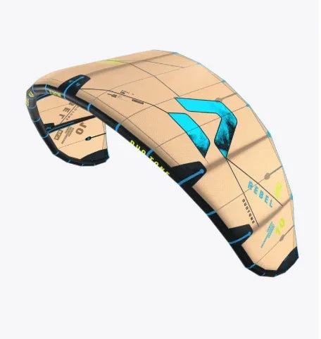 Duotone Rebel SLS 2026 kitesurfing kite in beige and blue with distinctive graphics