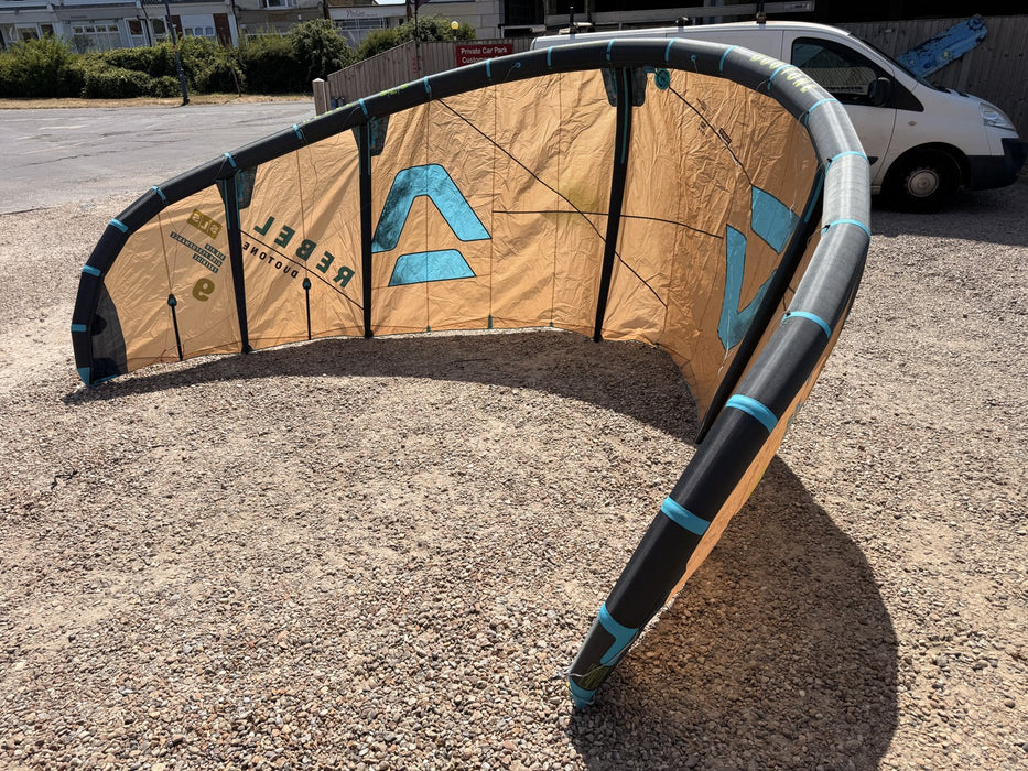 Duotone Rebel SLS 9m 2026 kite arc profile with teal logo and lime 9 size marking