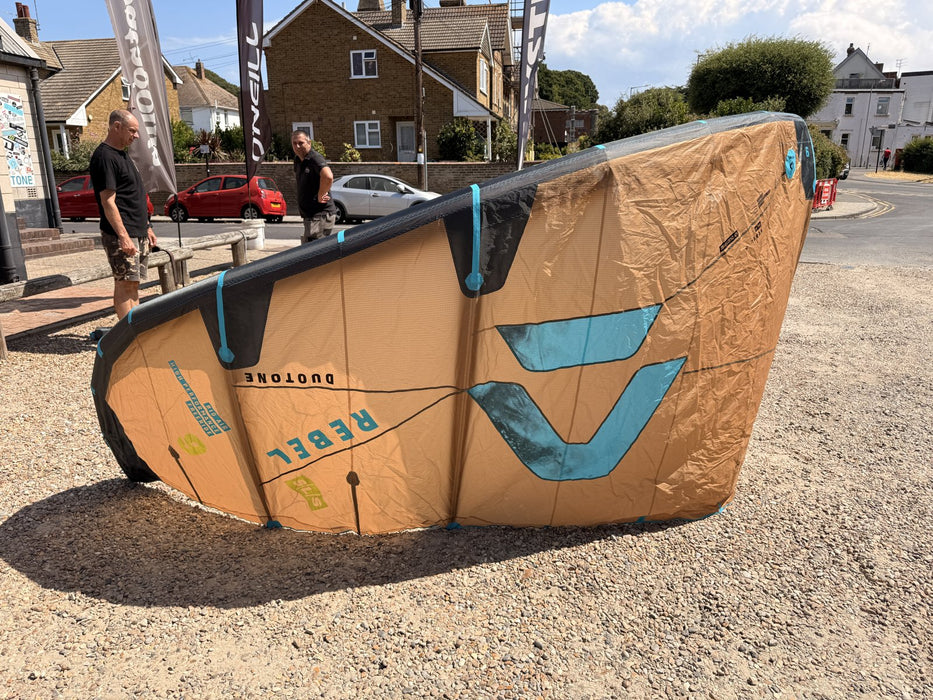 Duotone Rebel SLS 9m kite side view showing Big Air Performance Freeride branding