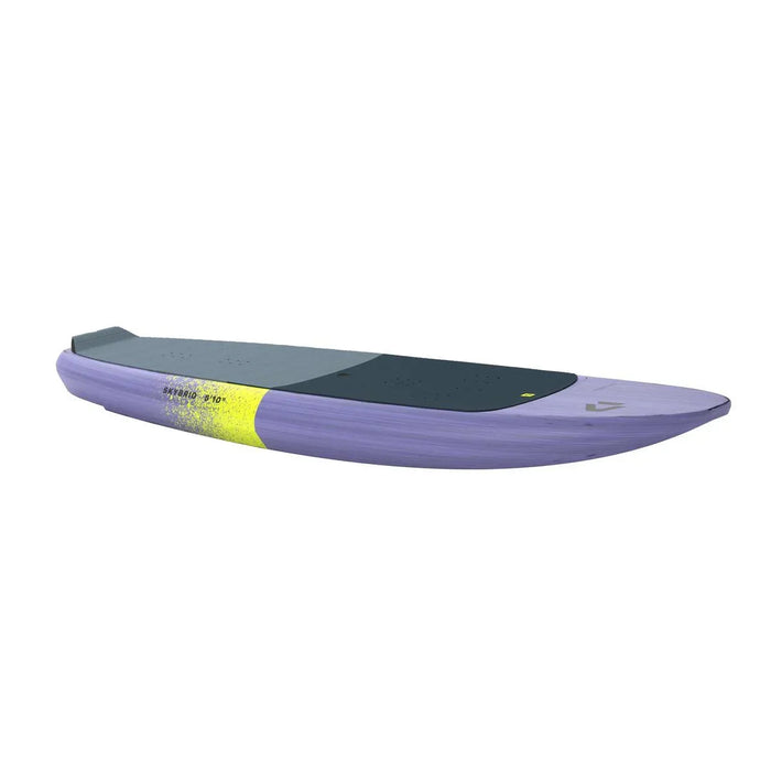Side profile of the Duotone Mid Length wing foil board showing the flat rocker line and high-volume rail design for efficient water release.
