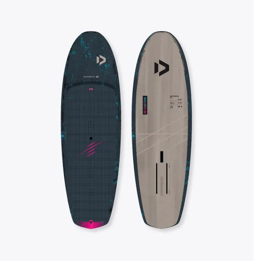 Duotone Skybrid SLS wingfoil board, black and sand color, top and bottom view