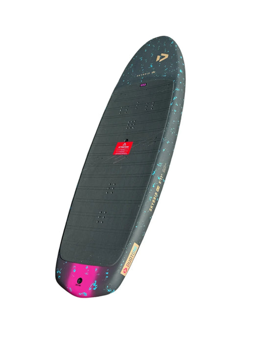 Duotone Skybrid SLS wing foil board, black with blue and pink accents, isolated view