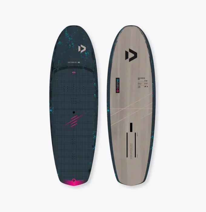 Duotone Skybrid SLS wingfoil board, black and sand color, top and bottom view
