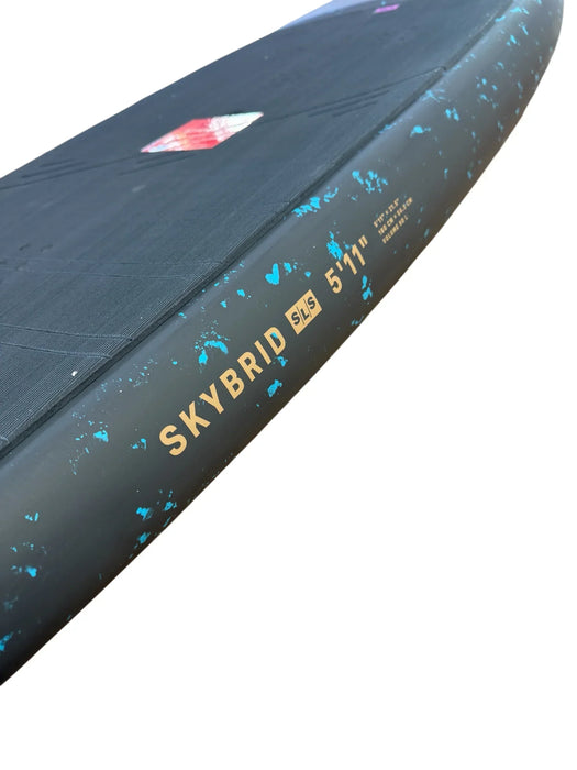 Duotone Skybrid SLS wing foil board, black with blue detailing, 5'11" size visible