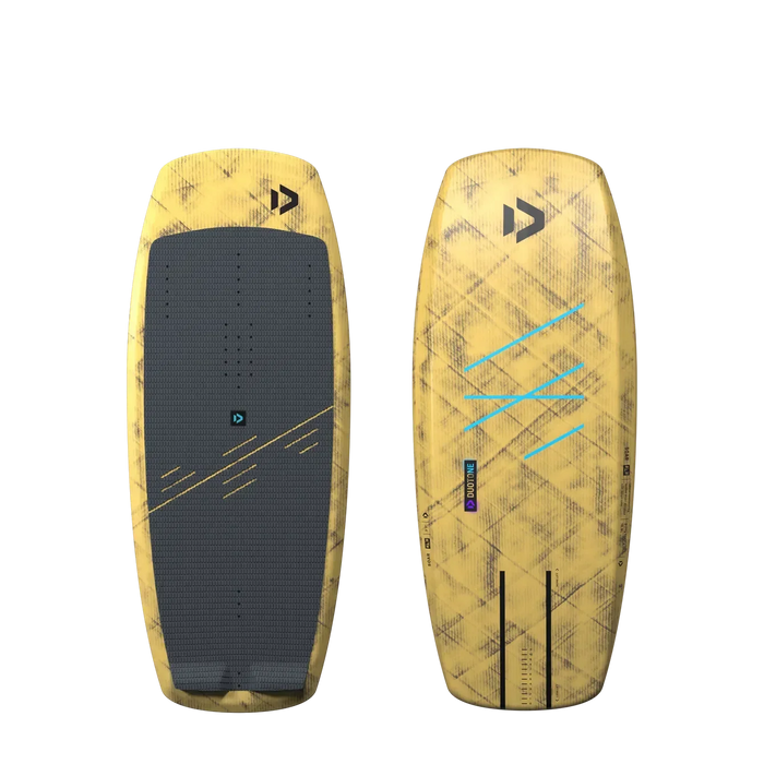 Duotone yellow kite foil board with grey deck grip and blue graphic accents, for kitesurfing