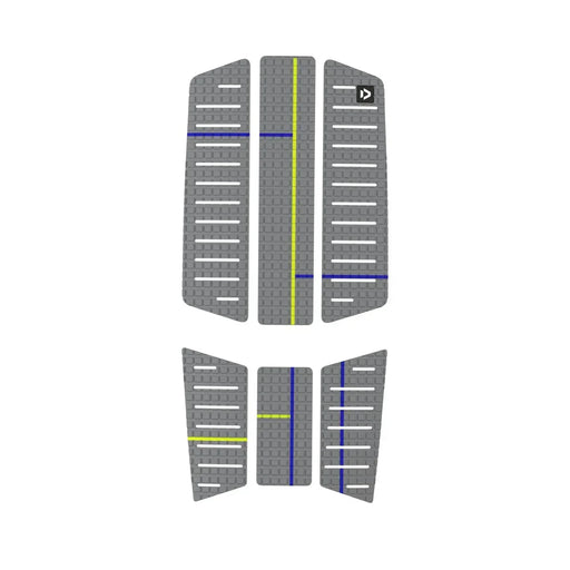 Duotone grey surfboard traction deck pad with yellow and blue stripes, front and rear pieces