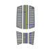 Duotone grey surfboard traction deck pad with yellow and blue stripes, front and rear pieces