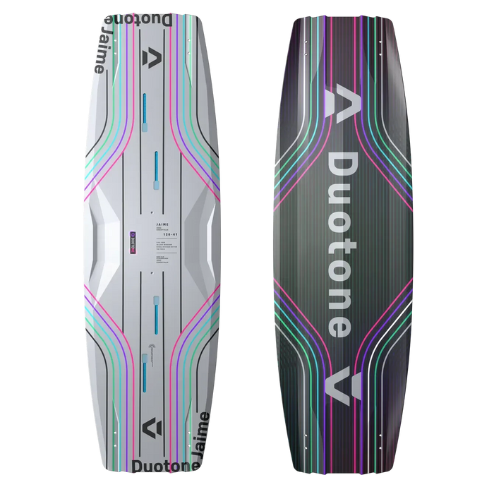 Duotone Jaime kiteboard twin tip with grey and black base, pink and green accents