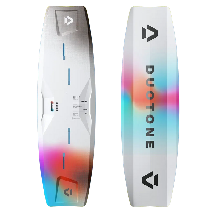 Duotone twintip kiteboard with white base and colourful gradient for kitesurfing