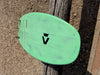 Underside of the Duotone Whip SLS 5'1 kite surfboard, green with Duotone logo