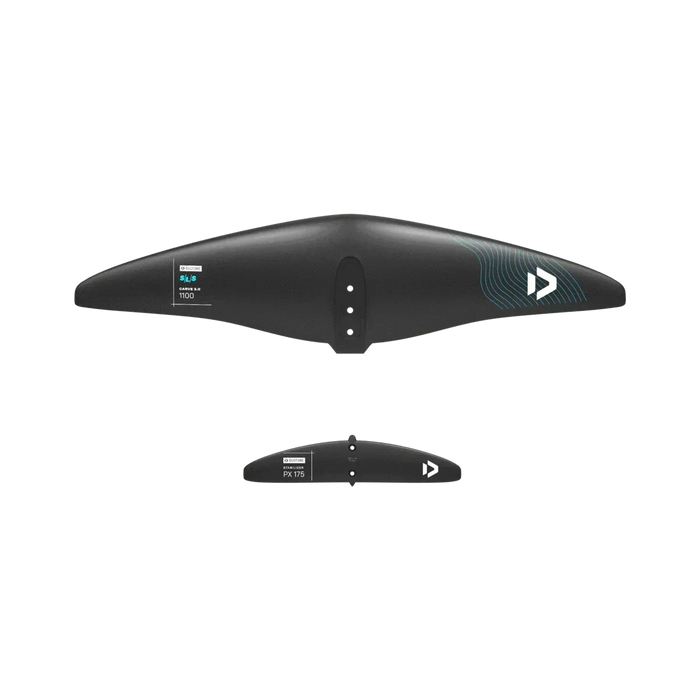 Duotone Carve 1100 SLS black carbon wing foil set with white logo and blue accents