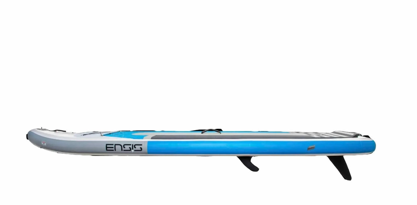 ENSIS inflatable paddleboard windsurf wing SUP, blue and gray with fin, side view