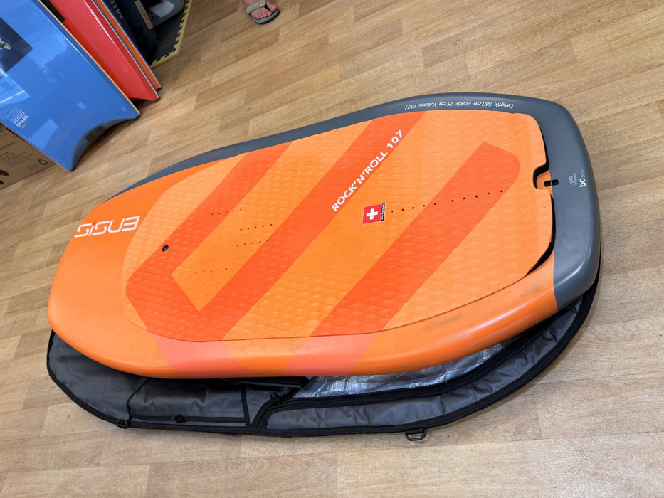Used Ensis Rock 'n' Roll 107 wing foil board deck viewed from the tail