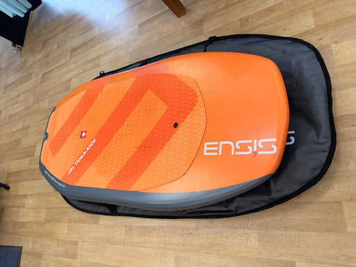 Used Ensis Rock 'n' Roll 107L wing foil board deck in its Ensis padded travel bag