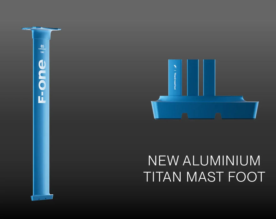 F-One Alloy Titan 2 mast foot and mast, blue aluminum watersports part on dark background