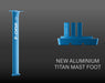 F-One Alloy Titan 2 mast foot and mast, blue aluminum watersports part on dark background