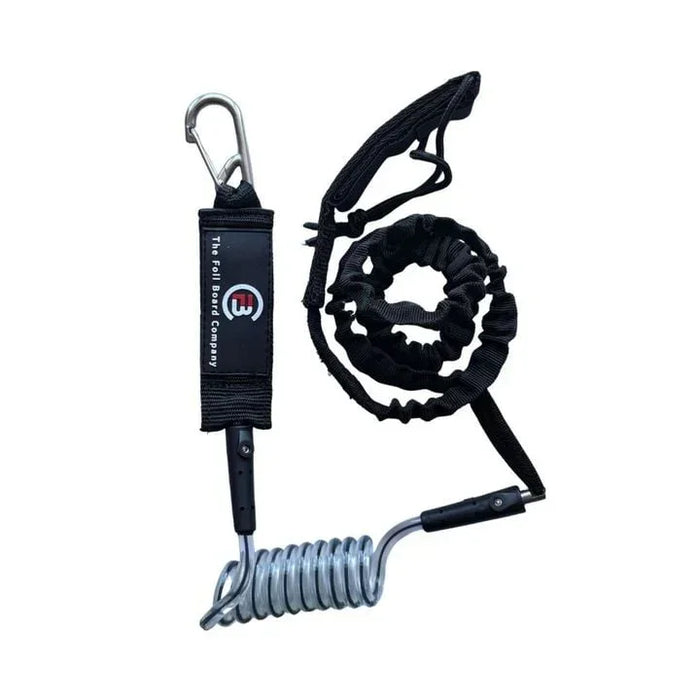 The Foil Board Company black coiled downwind wing foil board leash with carabiner clip.