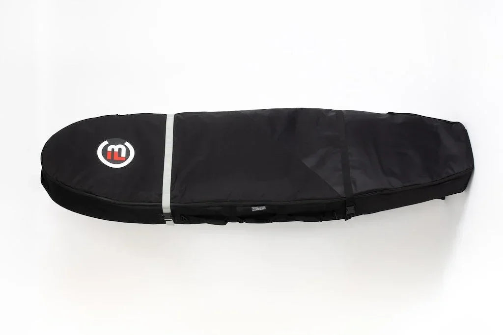 Black FBC mid-length downwind board travel bag with logo and white stripe, for surfboards.