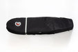 Black FBC mid-length downwind board travel bag with logo and white stripe, for surfboards.