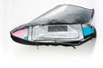 Mid-length silver and black travel bag with a pink and blue surfboard inside, padded for protection