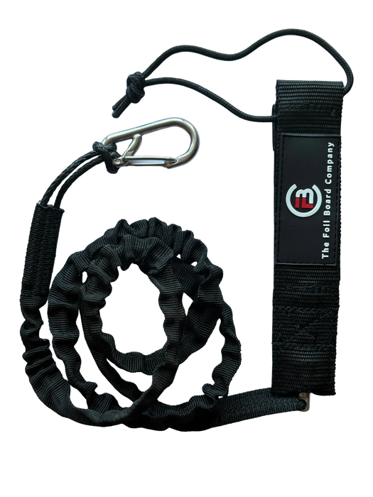 Black Foil Board Company parawing board leash with carabiner and logo visible.