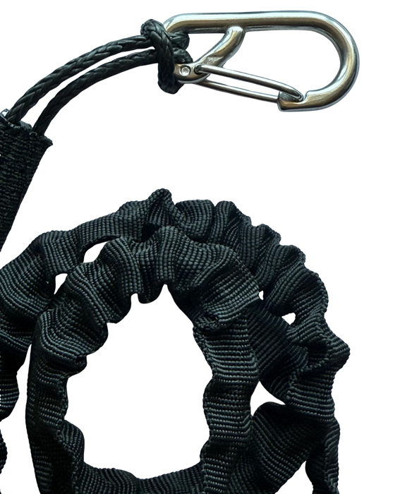 Black parawing board leash with stainless steel carabiner clip, coiled design