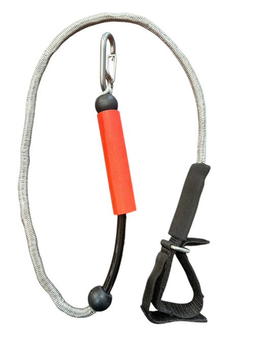 Wing foil bungee leash with red handle, carabiner, and black ankle strap