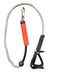 Wing foil bungee leash with red handle, carabiner, and black ankle strap
