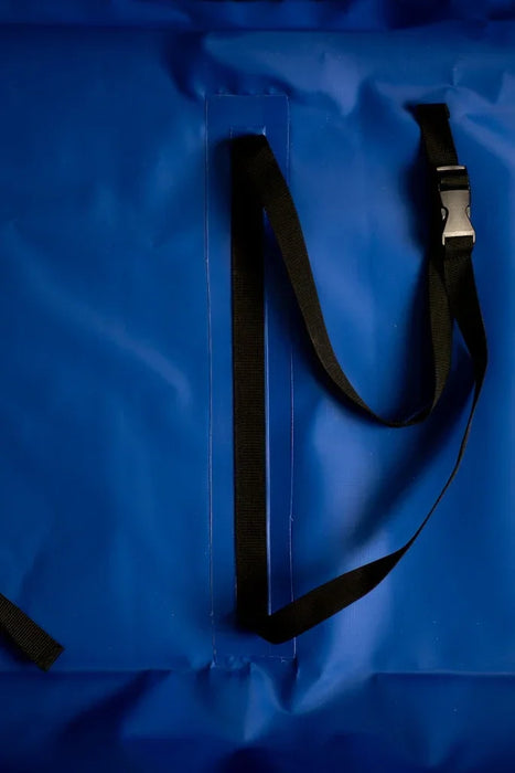 Blue wing foil board bag with black strap and buckle detail for watersports gear protection
