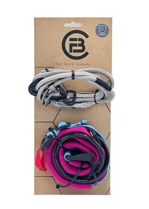Foil Board Company wing waist leash in grey and pink with Dynema branding on packaging