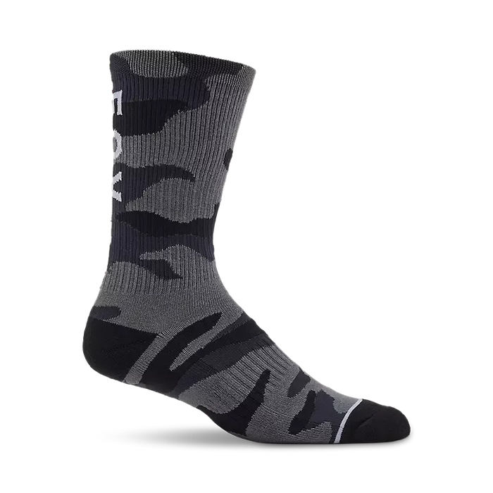Fox camo crew sock in black and grey camouflage pattern, surf clothing accessory