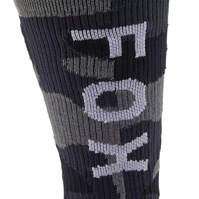Fox camo crew sock with black and grey camouflage pattern and white Fox logo lettering