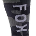 Fox camo crew sock with black and grey camouflage pattern and white Fox logo lettering