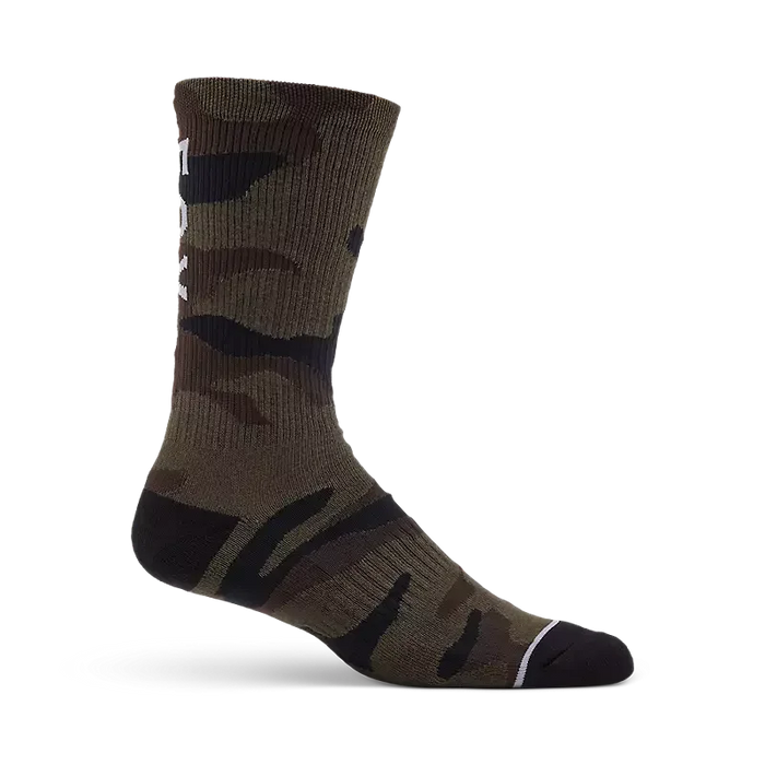 Fox camo crew sock in green camouflage pattern, ribbed knit, visible white logo, surf clothing
