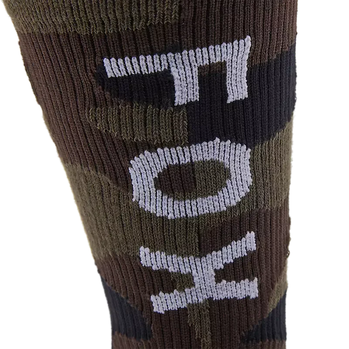 Green camouflage crew sock with FOX logo in white lettering, ribbed knit texture.